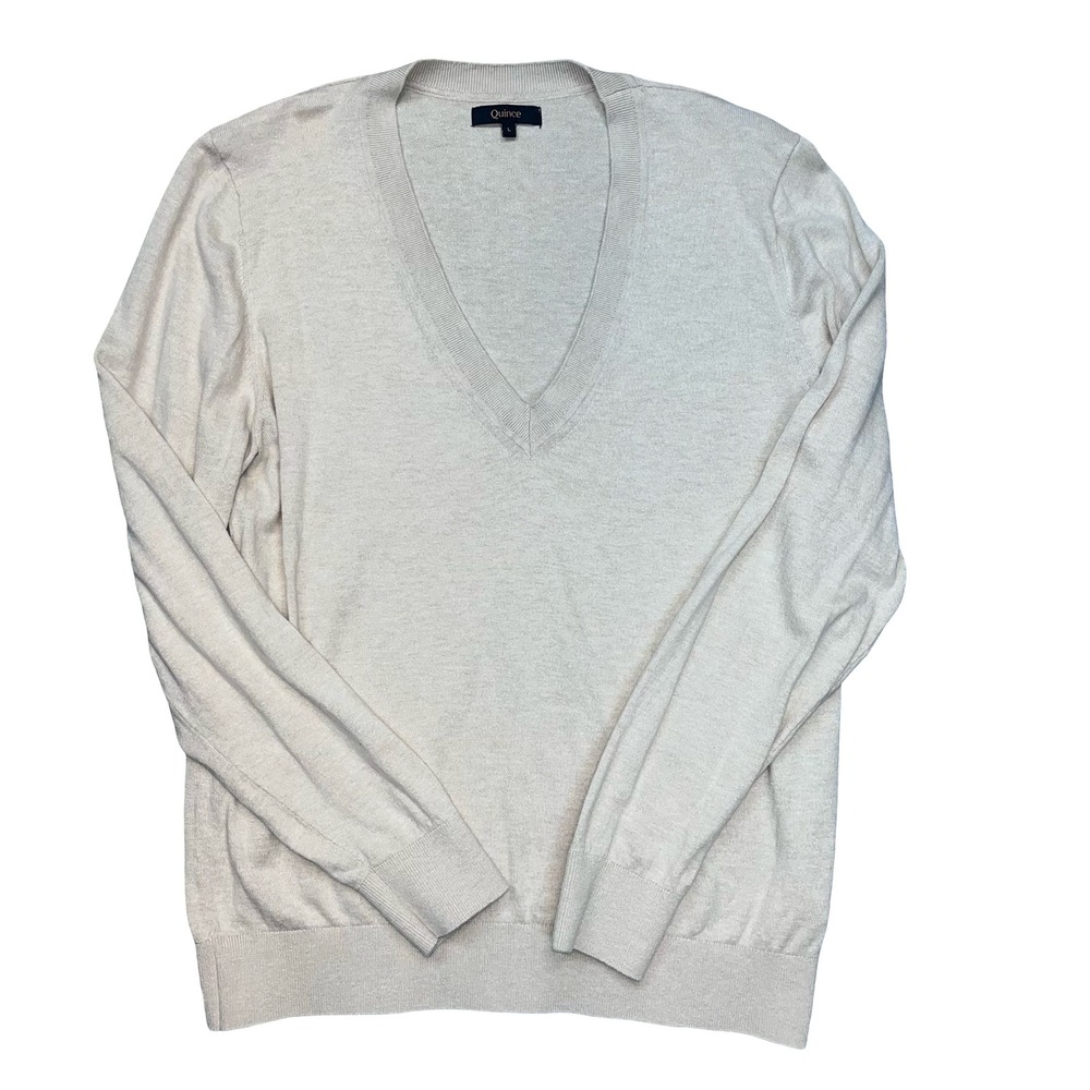 Quince Womens V-Neck Sweater Beige Organic Cotton Cashmere Blend Minimalist L